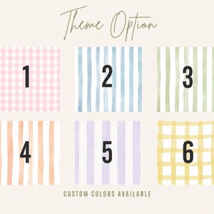 May include: A grid of six square patterns labeled with numbers one through six. Pattern one is pink gingham, two is blue vertical stripes, three is green vertical stripes, four is orange vertical stripes, five is purple vertical stripes, and six is yellow gingham.