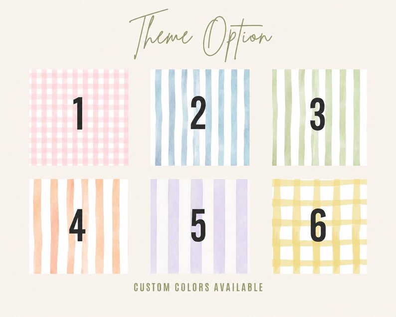 May include: A grid of six square patterns labeled with numbers one through six. Pattern one is pink gingham, two is blue vertical stripes, three is green vertical stripes, four is orange vertical stripes, five is purple vertical stripes, and six is yellow gingham.
