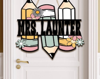 Personalized Teacher Door Sign, Pencil Name Frame, Back To School Gift, Teacher Appreciation Gift, Classroom Door Hanger, Classroom Decor