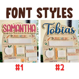 Puede incluir: Dos letreros de madera con el tema del primer d&iacute;a de escuela. Los letreros est&aacute;n decorados con gr&aacute;ficos coloridos y tienen espacios en blanco para escribir. El primer letrero dice "Samantha" y el segundo letrero dice "Tobias".