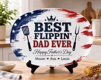 Gepersonaliseerde beste flippin papa ooit grillplaat, aangepaste Amerikaanse vlag BBQ-schotel met kindernamen, patriottisch vaderdagcadeau voor papa