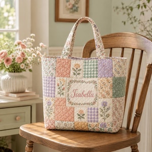 May include: A quilted tote bag featuring a patchwork design of floral and gingham patterns in pastel shades of pink, green, yellow, and purple. The center panel displays the name Isabella in cursive script, surrounded by a decorative floral border.