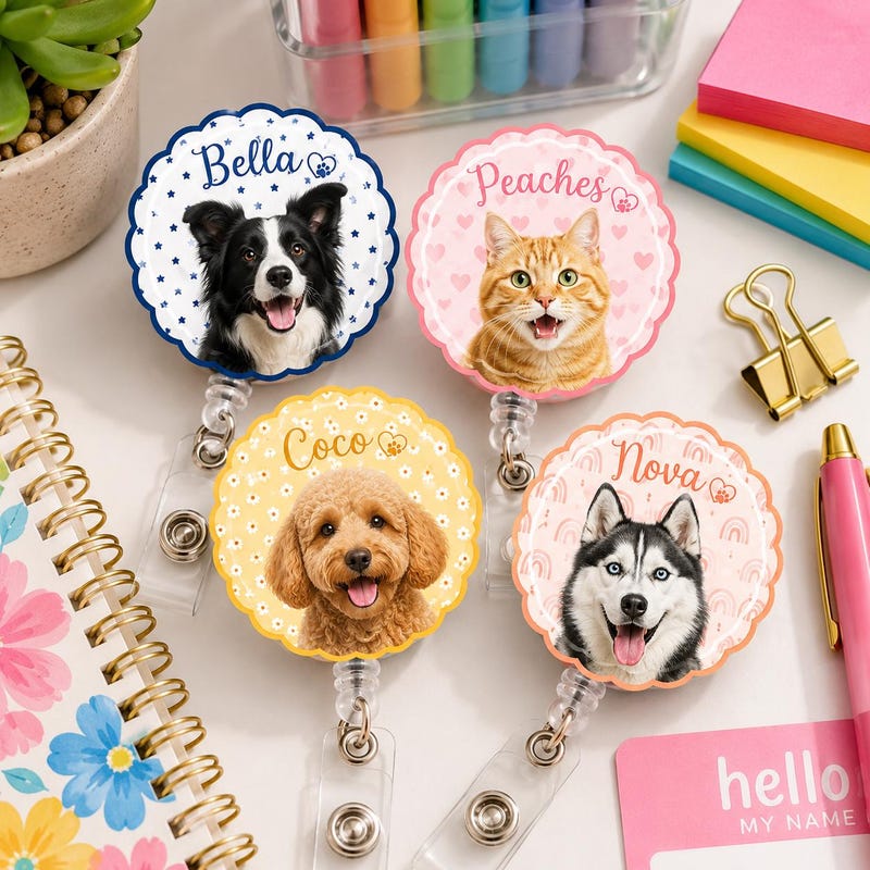 Custom Name Dog Photo Badge Reel, Retractable ID Card Holder Clip For Nurses Teachers, Personalized Pet Lover Gift, Cat Dog Mom Gift