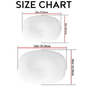 May include: A size chart for two white oval platters. The smaller platter measures 11 inches by 8 inches. The larger platter measures 14 inches by 10 inches. The text SIZE CHART is displayed at the top with red and black dimension lines.