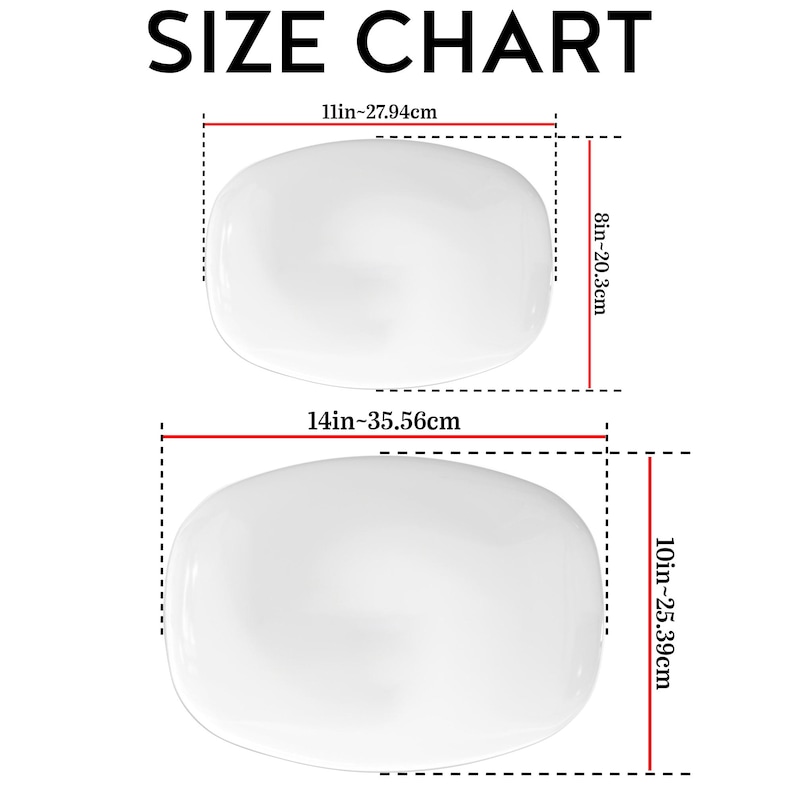 May include: A size chart for two white oval platters. The smaller platter measures 11 inches by 8 inches. The larger platter measures 14 inches by 10 inches. The text SIZE CHART is displayed at the top with red and black dimension lines.