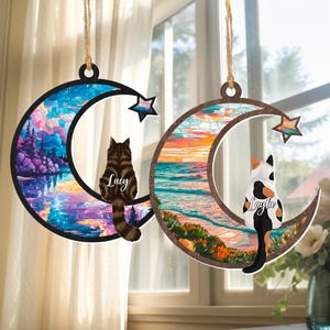 Custom Cat Memorial Suncatcher, Engraved Cat Lovers, Custom Cat On Moon Loss of Pet Sympathy Gift, Gift for Cat Lovers, Cat Memorial Gift