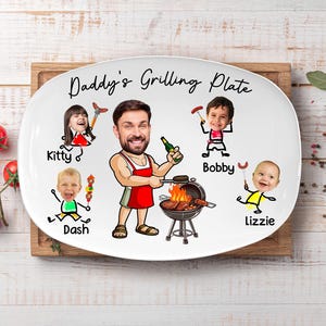 Plato de parrilla personalizado con cara, plato de parrilla personalizado para papá con nombres de niños, regalo del Día del Padre, regalo divertido para papá, regalo de cumpleaños