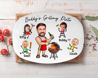 Personalized Face Grilling Platter, Custom Daddy's Grilling Plate with Kids' Names, Father's Day Gift, Funny Gift for Dad, Birthday Gift