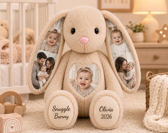 Personalized Baby Bunny Plush with Photo, Custom Baby Girl Stuffed Animal, Newborn Keepsake, Baby Shower Gift, First Birthday Gift