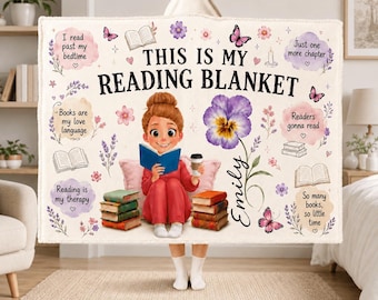 Personalized Reading Blanket with Girl & Birth Flower, Hooded Book Lover Throw, Custom Name Cozy Bookish Gift for Girl, Reading Corner Decor