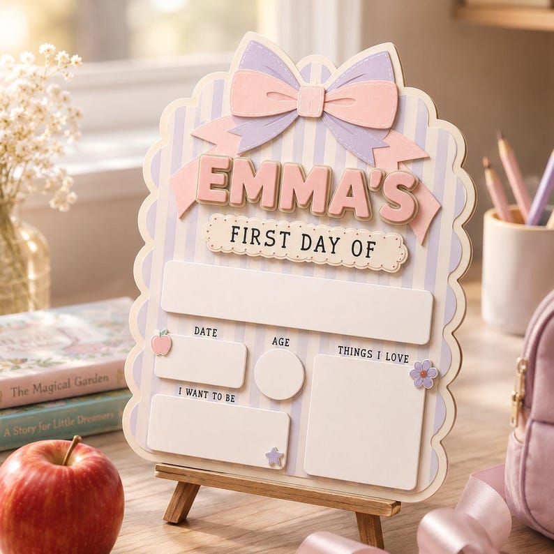 May include: A scalloped wooden sign with a light purple and white striped background, topped with a large pink and lavender bow. The sign features the text EMMA'S FIRST DAY OF, with blank spaces for date, age, things I love, and future goals.