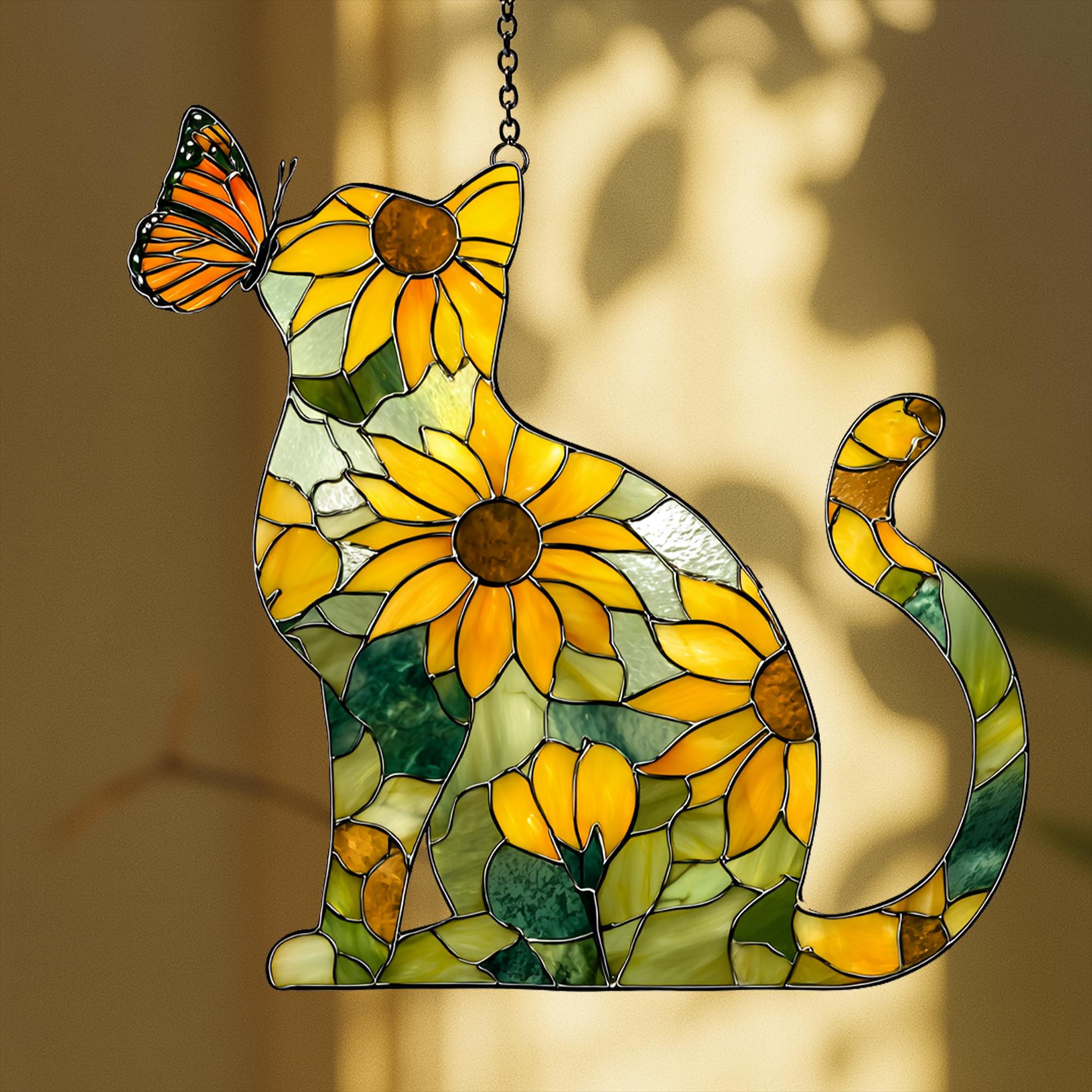 Sunflower Cat ACRYLIC Suncatcher, Sunflower Cat FAUX Stained Glass ...