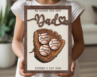 Personalized We Caught The Best Dad Wooden Sign, Custom Baseball Dad Sign With Kids Name, Father's Day Gift from Kids, Baseball Grandpa Gift