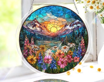 Acrylpuzzle Suncatcher: Sonnenaufgang Bergsee Wildblumen Szene, DIY Natur Fensterbehang, einzigartiges Geschenk für Naturliebhaber