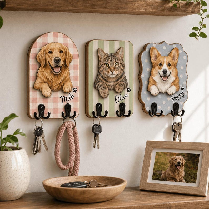 Puede incluir: Tres placas de madera montadas en la pared con retratos de un golden retriever llamado Milo, un gato atigrado llamado Olive y un corgi llamado Poppy. Cada placa tiene dos ganchos de metal negro para colgar llaves, con fondos estampados.