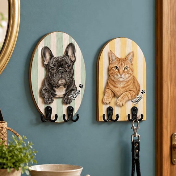 Custom Pet Leash Holder for Wall, Personalized Dog Cat Key Hanger, French Bulldog Pet Portrait Wall Hook, Custom Pet Owner Gift Idea