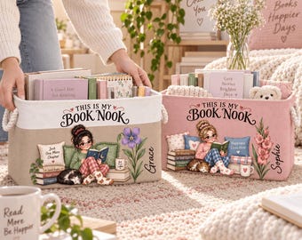 Custom Birth Month Flower Book Storage Basket, Custom Name Book Lover Reading Storage Bin, Book Nook Decor, Bookish Gift for Her