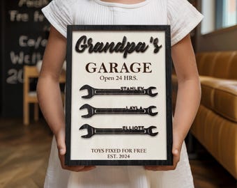 Personalized Grandpa's Garage With Kids Name Sign, Custom Kids Names On Wrenches, Garage Sign for Dad, Dad Workshop Sign, Father's Day Gift