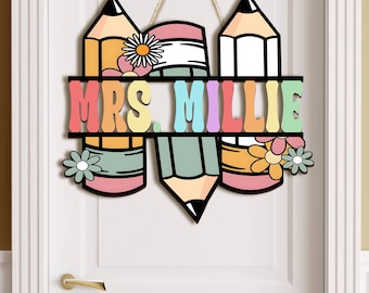 Custom Teacher Door Hanger, Personalized Teacher Pencil Name Sign, Teacher Appreciation Gift, Back To School Gift, Teacher Classroom Decor