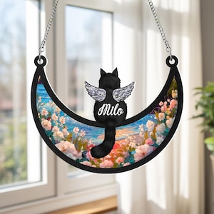 Custom Cat Memorial Suncatcher, Engraved Cat Lovers, Custom Cat On Moon Loss of Pet Sympathy Gift, Gift for Cat Lovers, Cat Memorial Gift