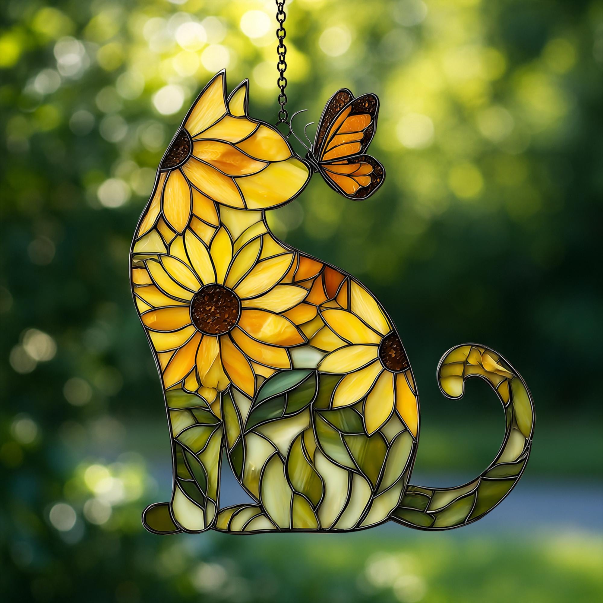Sunflower Cat ACRYLIC Suncatcher, Sunflower Cat FAUX Stained Glass ...