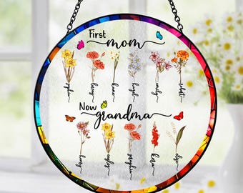 Customize Birth Month Flower Stained Glass Mother&#39;s Day Gift, Mom to Grandma Gift, First Mom Now Grandma Glass Suncatcher Gift For Grandma