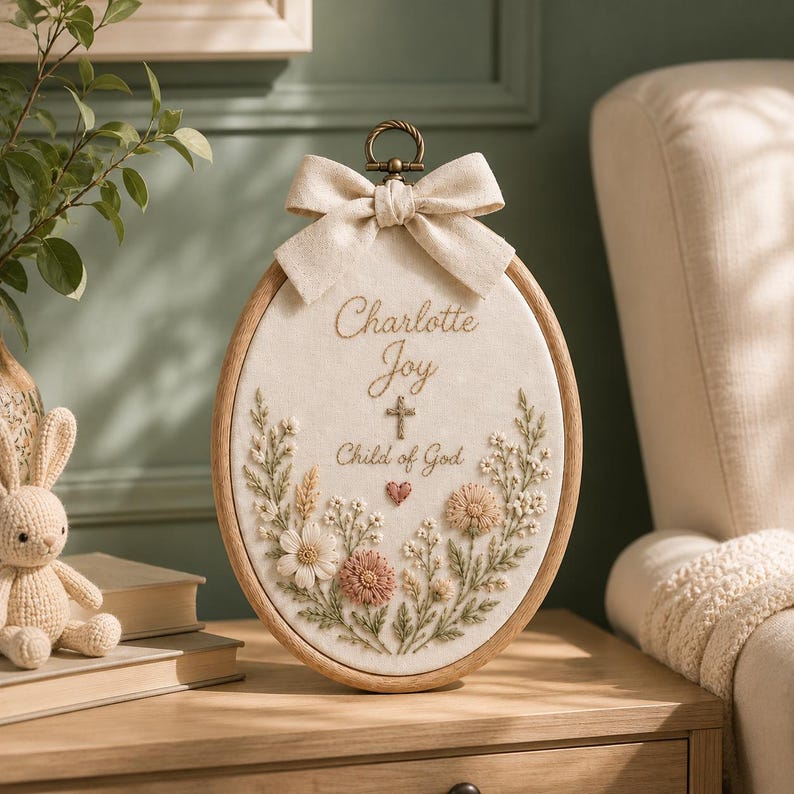 May include: An oval wooden embroidery hoop containing cream fabric with floral embroidery in shades of pink, white, and green. The text reads Charlotte Joy Child of God with a small cross and heart. A beige fabric bow is attached to the top metal ring.