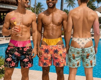 Costume da bagno da uomo divertente con finta fascia elastica in vita, pantaloncini da bagno finto perizoma, regalo scherzoso per uomo, marito, pantaloncini da spiaggia per addio al nubilato