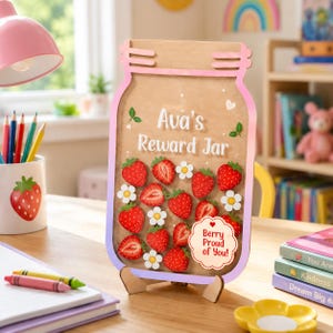 Op de afbeelding: Een houten beloningspot in de vorm van een weckpot met een roze en paarse gradiëntrand. De tekst luidt Ava's Reward Jar en Berry Proud of You. Het bevat diverse houten uitsparingen van aardbeien en witte bloemen op de voorzijde.