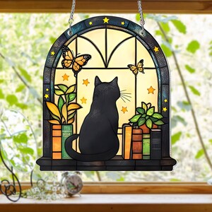 Schwarze Katze und Buch Suncatcher Ornament, Katze und Buch ACRYL Suncatcher, Buch Fenster Dekor, Katzenliebhaber Geschenk, Buch Liebhaber Geschenk, Fenster hängend