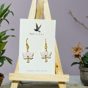 White Lotus Flower Earrings – Handmade Polymer Clay with Pearl Drop