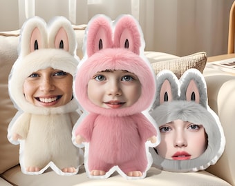 Personalized Face Labubu Doll Pillow with Photo, Custom Bunny Plush Toy, Funny Face Pillow Gift for Kid, Couples, Friends, Birthday or Party