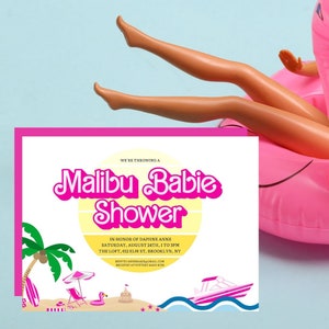 Roze kleurrijk schattig zomer Malibu Beach Girl Barbie-babyshoweruitnodigingen en bedankkaarten Digitale bestanden bewerkbare canvassjabloon gratis