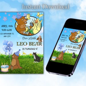 Little Bear Birthday Invitation, Editable Party Invitation, Digital Kids Birthday Party Invitation, Printable invitation, Instant Download