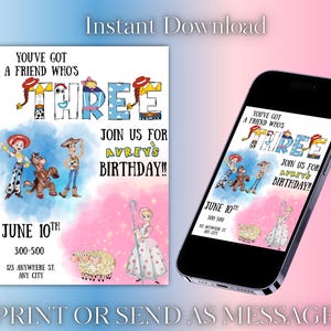 Pink Toy Story Invitation, Editable Party Invitation, Digital Kids Birthday Party Invitation, Printable invitation, Instant Download