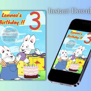 Puede incluir: Una invitación de cumpleaños imprimible con los personajes del libro infantil 'The Berenstain Bears'. La invitación es azul con nubes blancas y un número 3 rojo. El texto de la invitación dice 'Lennox's Birthday!! August 7th At four o'clock 123 Anywhere St. Any City'.