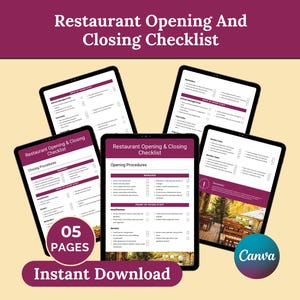 Restaurant Opening And Closing Checklist Template, Weekly & Monthly Tasks, Restaurant Cleaning, Restaurant Training Canva Template