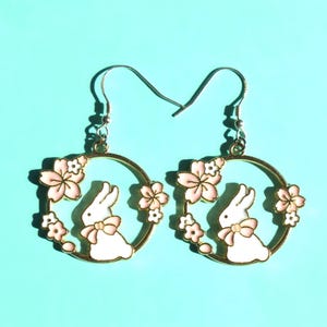 Sterling Silver Rabbit Sakura Earrings, Japanese Earrings, Bunny Rabbit Earrings, Gift for Women, Gift for Girls, Gift for Easter Earrings