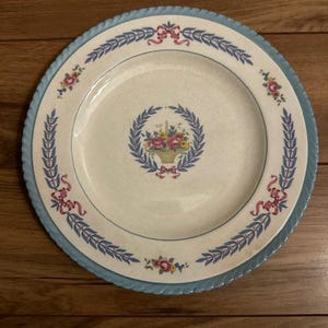 Vintage Crown Ducal Plate: Cambridge Blue Wreath, Red Ribbons, Floral Basket