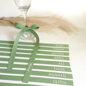 Personalised Satin ribbon bows with names | Wedding place settings for glasses, bridal party hanger ribbons