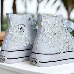 Personalized White Lace Bridal Converse Platform, Elegant Floral Wedding Sneakers, Custom High Tops for Engagement or Her Special Day LL