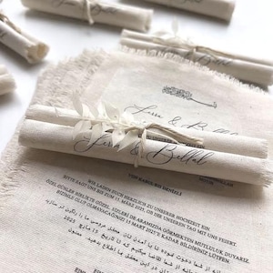 Trouwkaarten met gerafelde rand, gepersonaliseerde linnen huwelijksuitnodigingen, aangepaste katoenen stof uitnodigingen