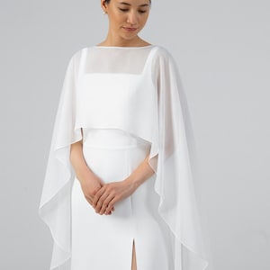 シフォンケープ、ロングブライダルカバーアップ、ロマンティックなシフォンラップ、美しいケープ、ブライダルセパレート、ブライダルショール、ブライダルケープ、ホワイト/アイボリーケープ