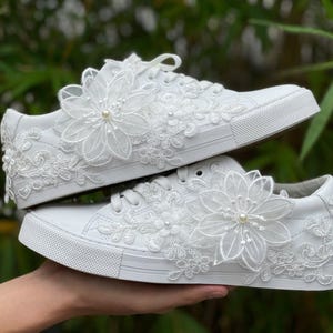 Bridal Wedding Sneakers | White Leather Wedding Shoes | Pearl & Lace Bridal Sneakers | Bling Bride Sneakers  LL