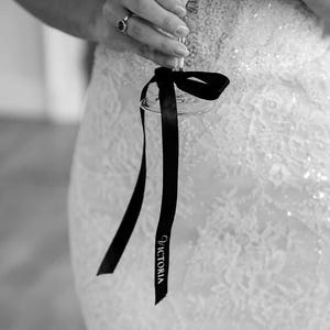 Personalised Satin ribbon bows with names | Wedding place settings for glasses, bridal party hanger ribbons