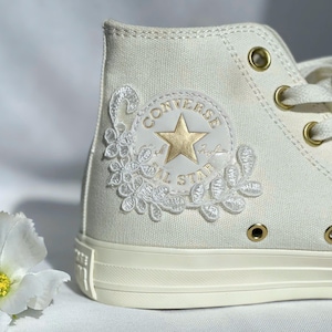 Custom Wedding Converse White Flowers Lace ,Wedding Flowers Converse Shoes, Bridal Flowers Wedding Sneaker, Custom Sneaker Free  With Name
