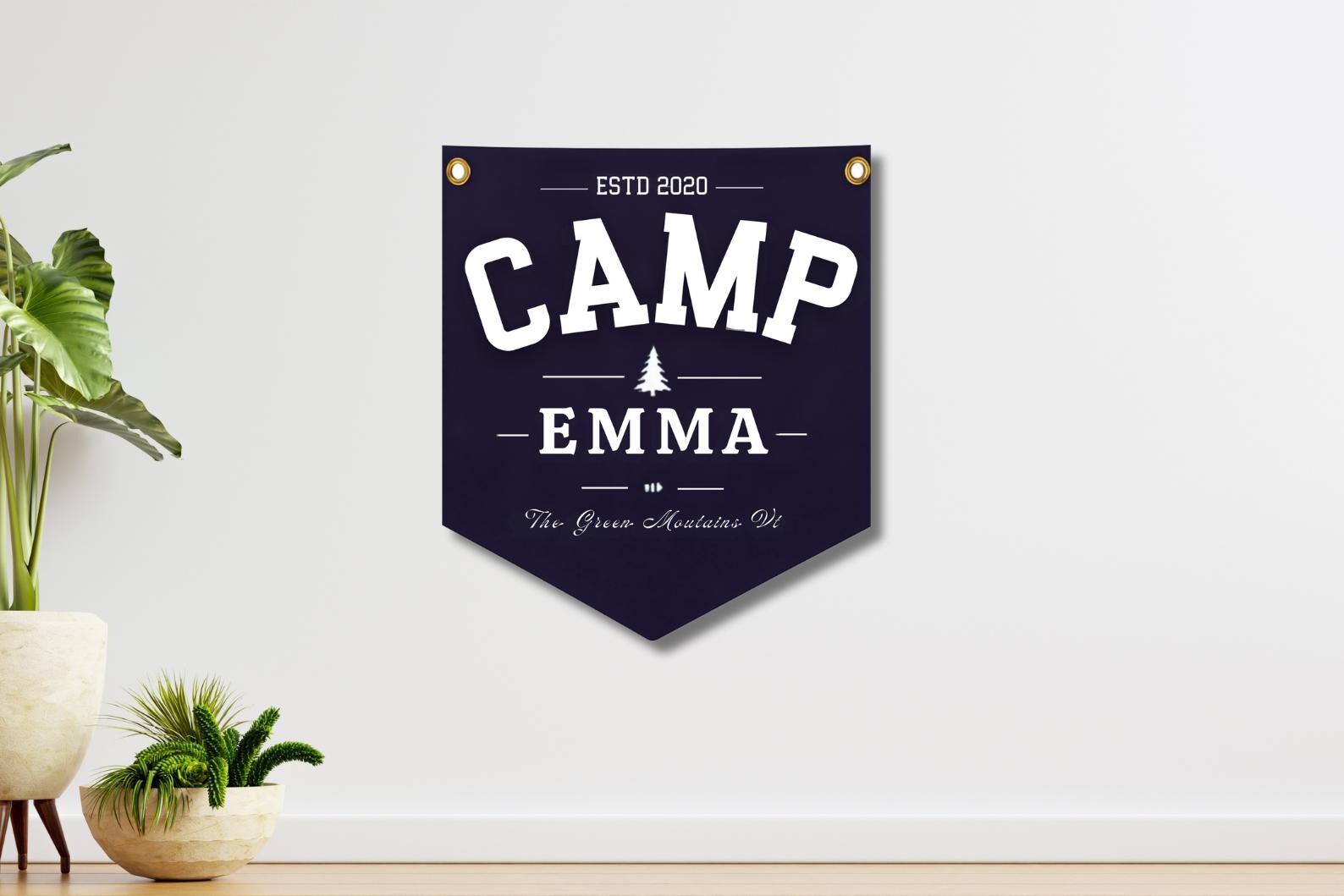 Custom Camp Name Sign Felt Banner | Classic vintage style typography flag. Personalized pennant family gift. Lake camp, mountain cabin.