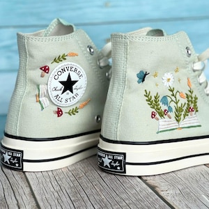 Custom Embroidered Converse Sneakers, Book and Flower Design, Green High Top Shoes, Personalized Chuck Taylor, Unique Gift for Her LL