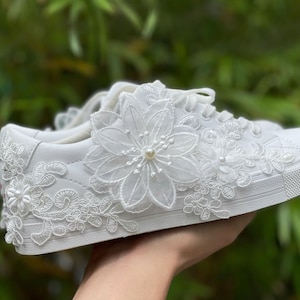 Bridal Wedding Sneakers | White Leather Wedding Shoes | Pearl & Lace Bridal Sneakers | Bling Bride Sneakers  LL