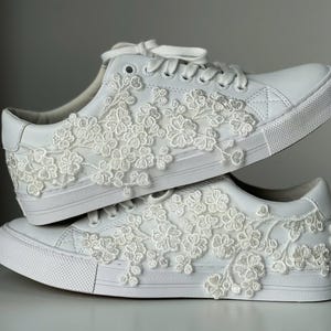Bridal Wedding Sneakers | White Leather Wedding Shoes | Pearl & Lace Bridal Sneakers | Bling Bride Sneakers  LL